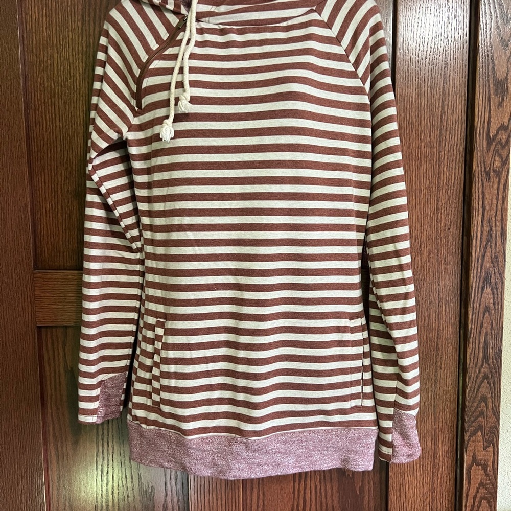 AMPERSAND AVE Striped Cowl Neck Sweater in Dark Red and Cream